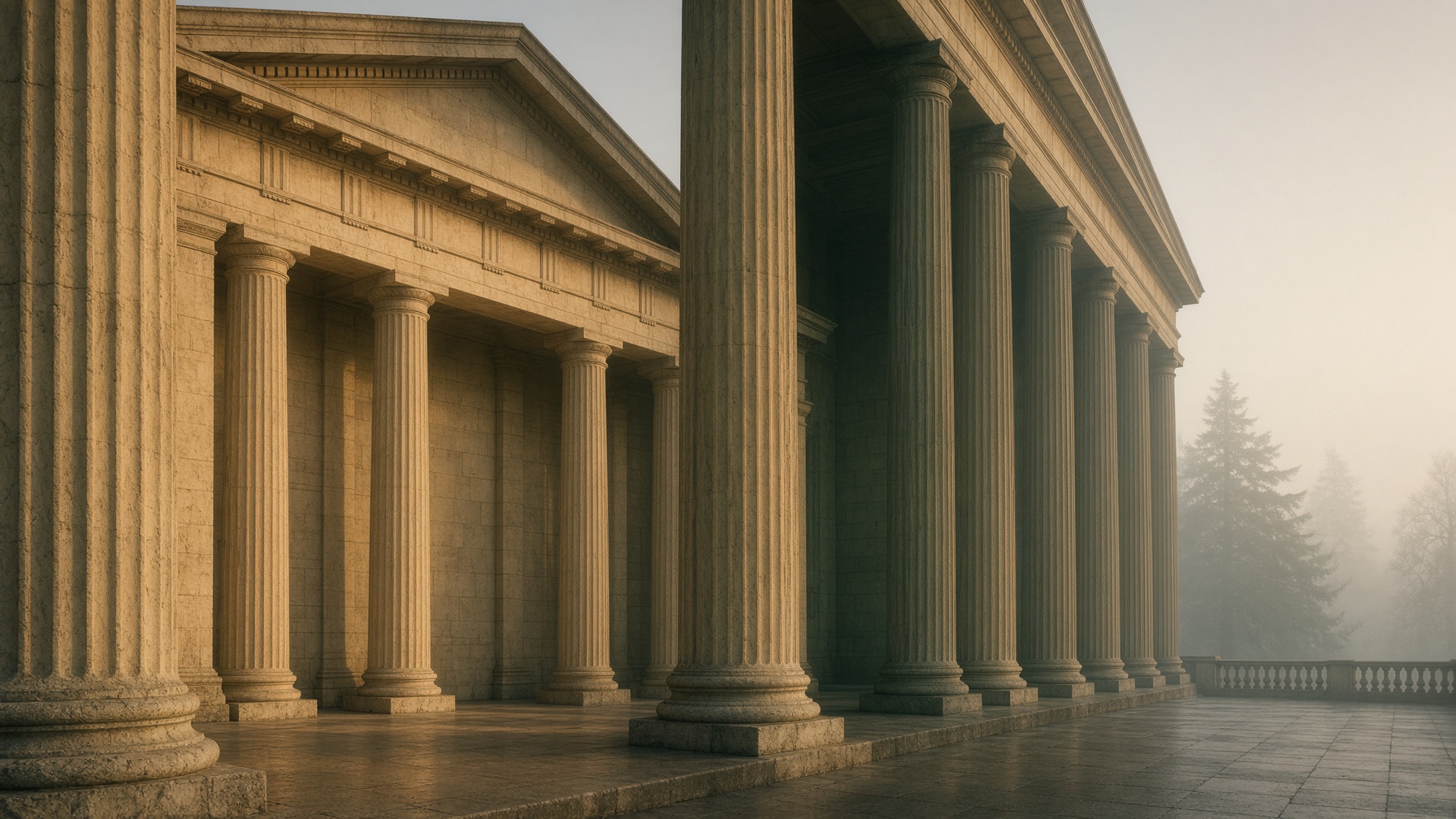 Stone colonnade at dusk